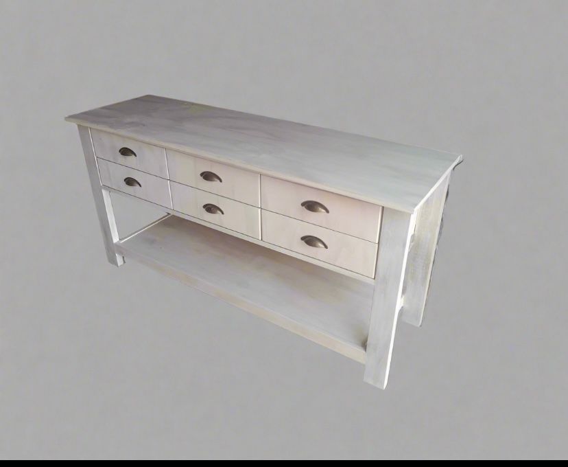 Rustic White-Stained Pine Vanity – 6 Drawers, Cup Handles, Lower Storage