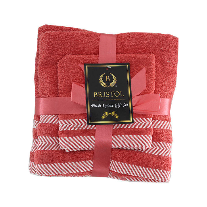 Plush 3 Piece Set - Bath Towel, Hand Towel and Face Cloth - 100% Cotton - Coral