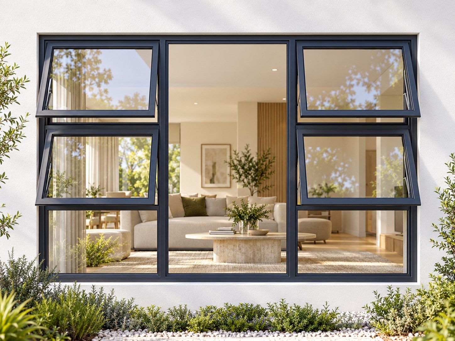 Kenzo Premium Top-Hung Aluminium Window - Charcoal, 2400 1800 mm, Four Openers with Fixed Centre and Lower Panes, Clear Glass