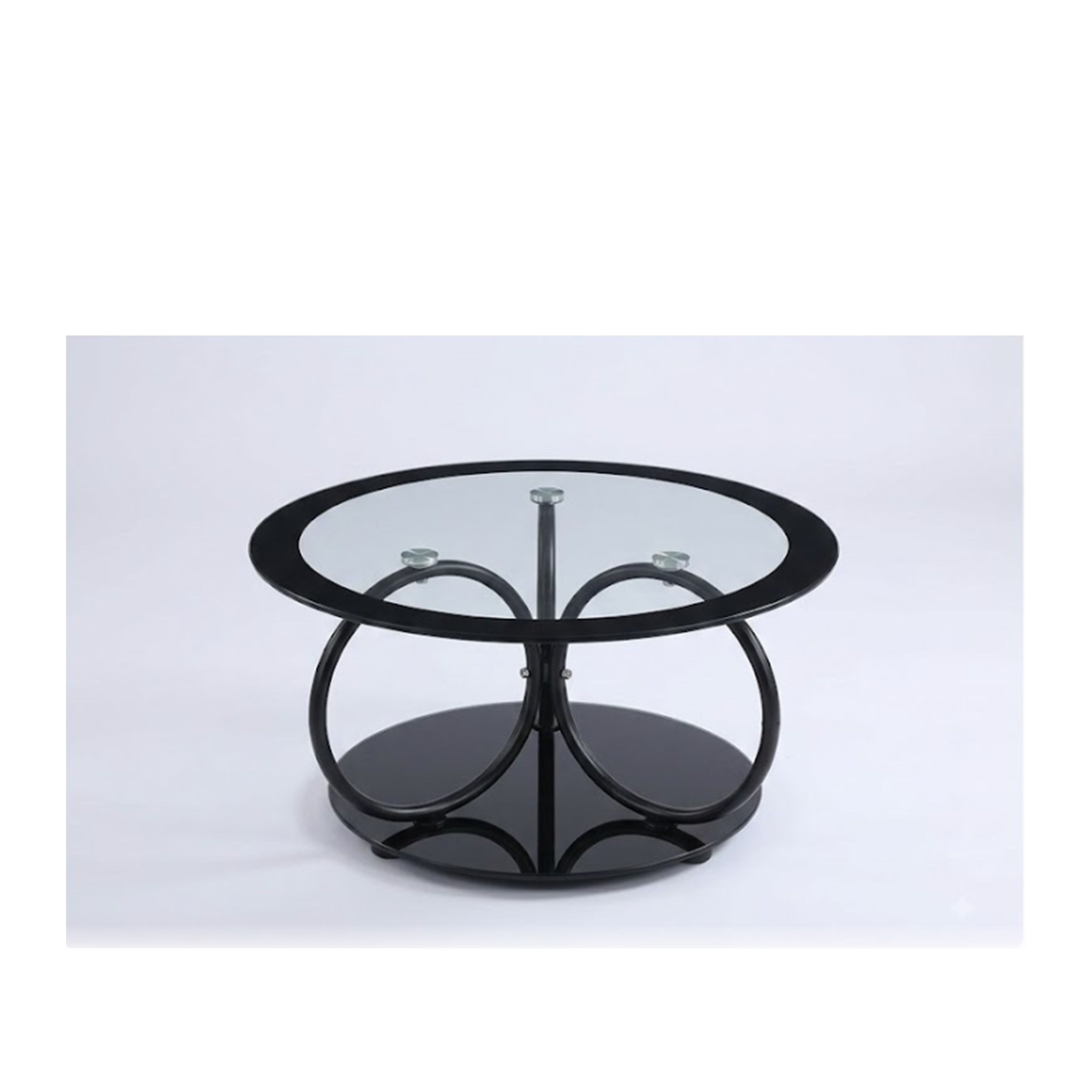 Madiega Furniture - Modern Round Glass Coffee Table with Black Metal Base and Lower Shelf