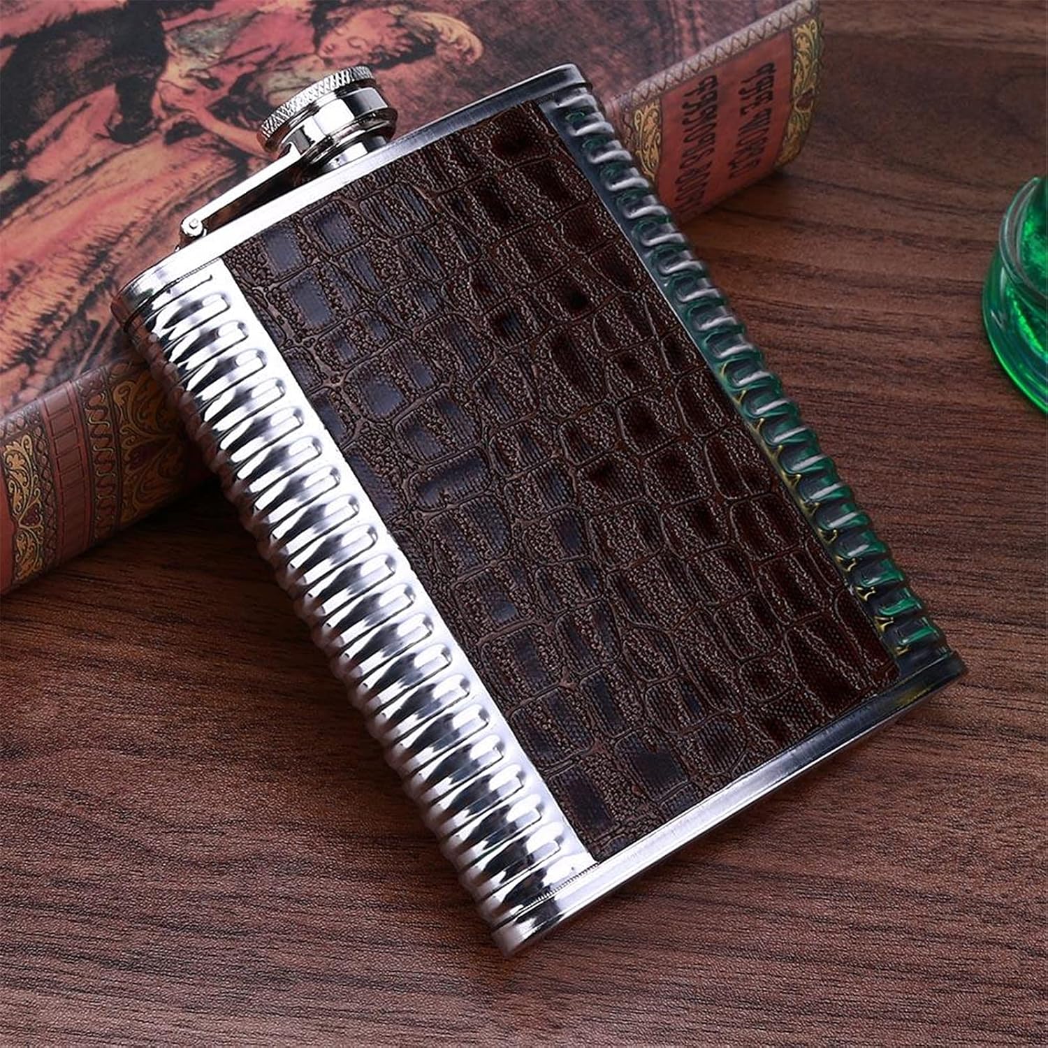 Stainless Steel Hip Flask with Leather Effect 4 Shot Glass and Funnel