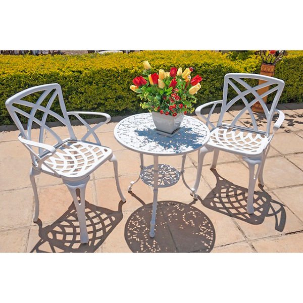 Ageless & Beautiful!   2 Seater Cast Aluminium Patio Furniture Set / Bistro Furniture Set / Garden Furniture - 2 x Small Rainbow Chairs (with Armrests) with 62cm Round Bonzai Table