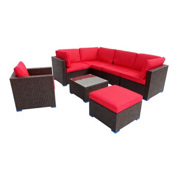 8Pc Outdoor Rattan Wicker Patio Furniture Set with Red Cushions and Glass Coffee Table