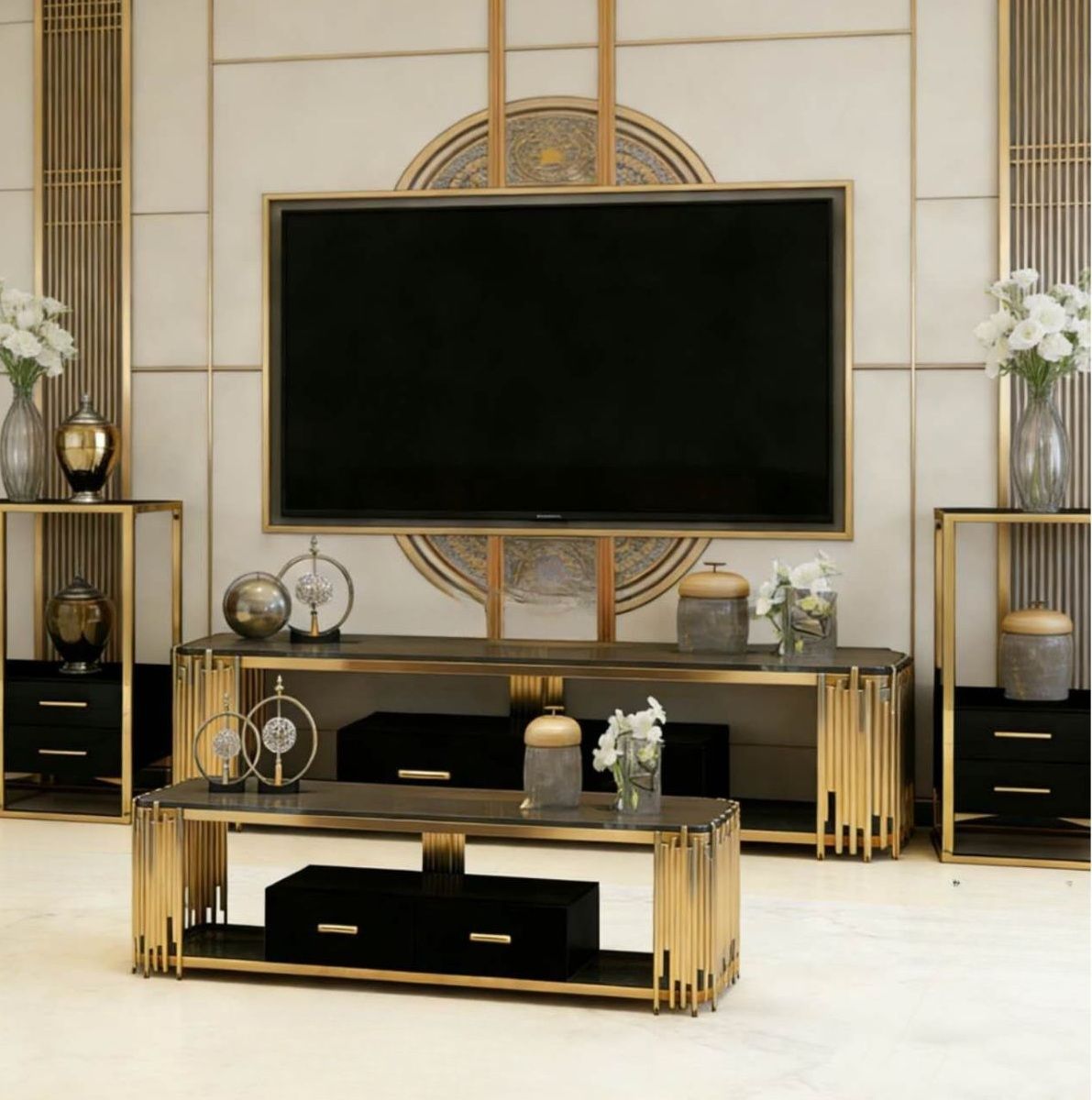 Luxora Black & Gold Entertainment Console Set(TV Stand,Coffee Table,2 Side Tables)