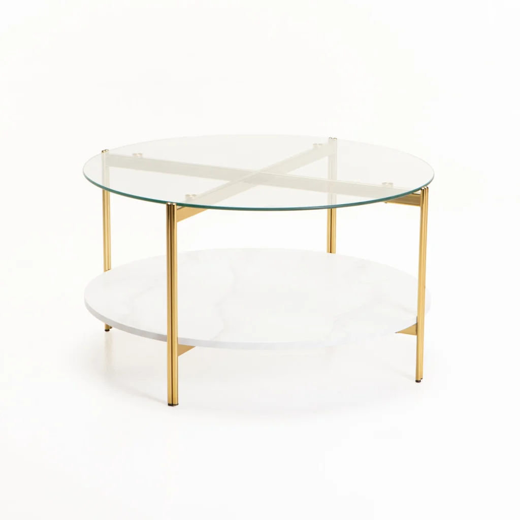 Amore 80cm Round Coffee Table with Gold Metal Frame and White Marble Top – Chic Modern Marble Accent Table for Living Room