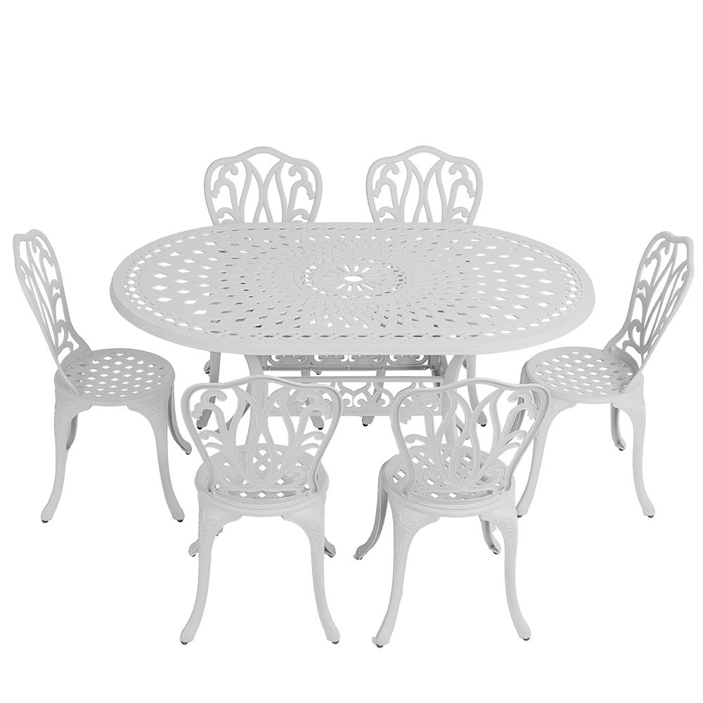 6 Seater - Lisa Aluminium Patio Set / Garden Furniture / Outdoor Dining Set    (6 Lisa Chairs with 150cm x 96cm Oval Lattice Table) - WHITE