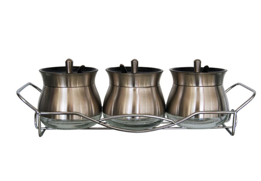 4 Piece Broad Glass Condiment set in Polished Steel with Metal Rack & Scoops
