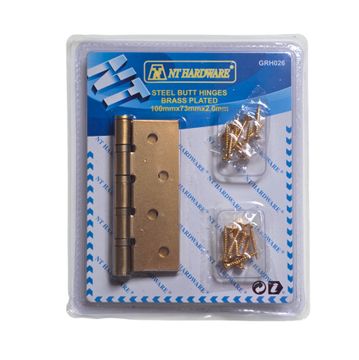 NT TOOLS Brass Plated Steel - Ball Bearing Hinges 100mm x 73 x 2mm (Pair) With Screws