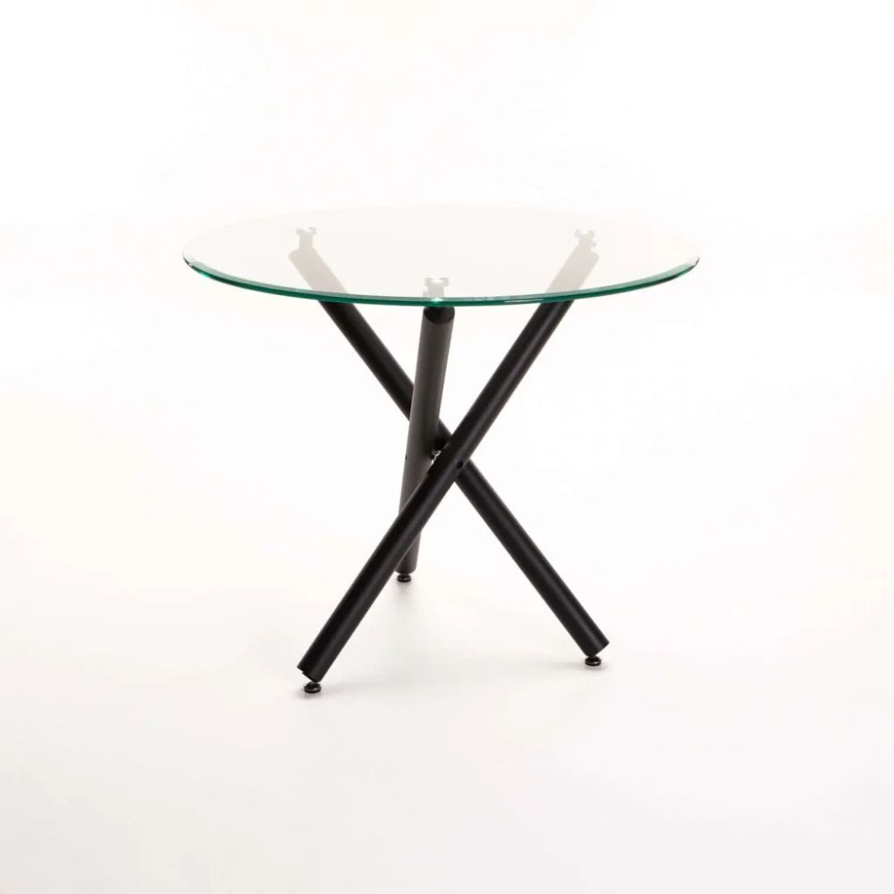 DIVA 90cm Round Glass Top Dining Table – Black Legs 75cm Height Tempered Glass Table