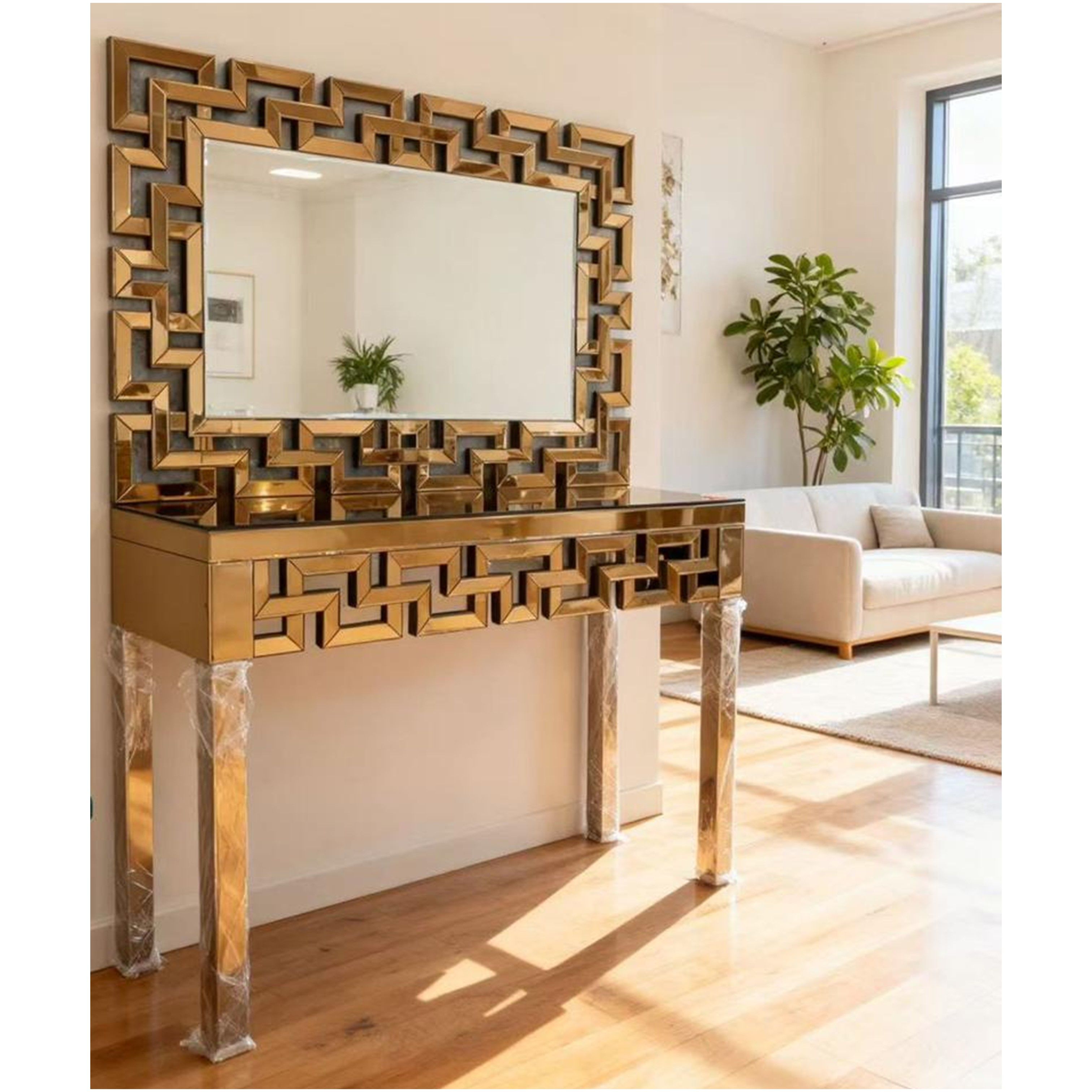 Madiega Furniture - Gold Geometric Console & Mirror Set