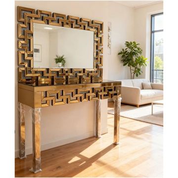 Madiega Furniture - Gold Geometric Console & Mirror Set