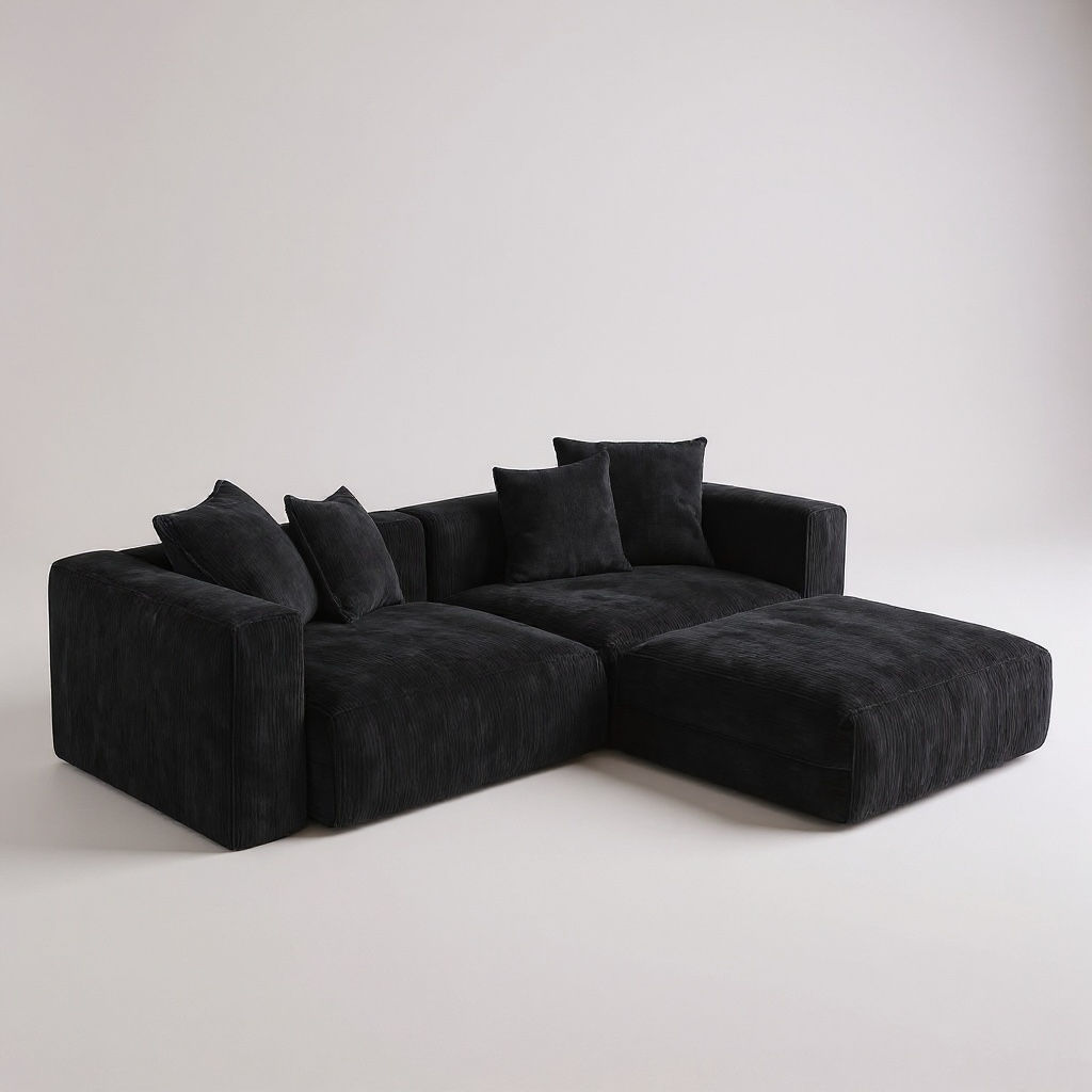 3 Seater Couch - Corduroy fabric - Black - With Ottoman