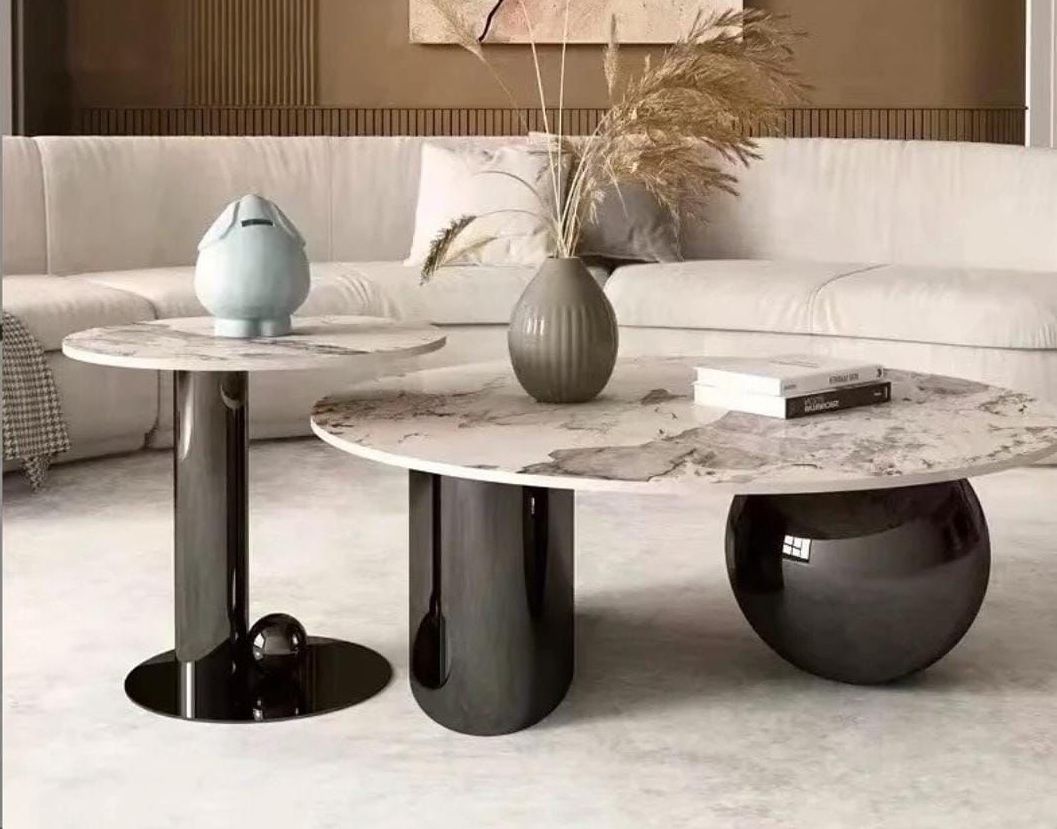 Modern Round Marble Coffee Table Set, Black Metal Base, Marble Top, Contemporary Living Room Furniture, 2-Piece