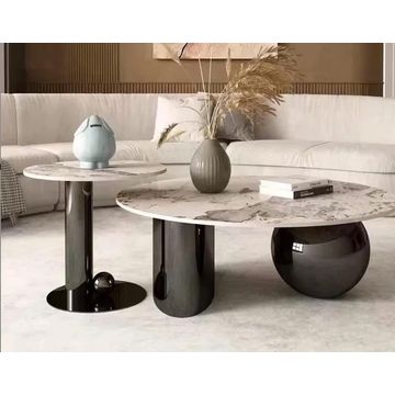 Modern Round Marble Coffee Table Set, Black Metal Base, Marble Top, Contemporary Living Room Furniture, 2-Piece