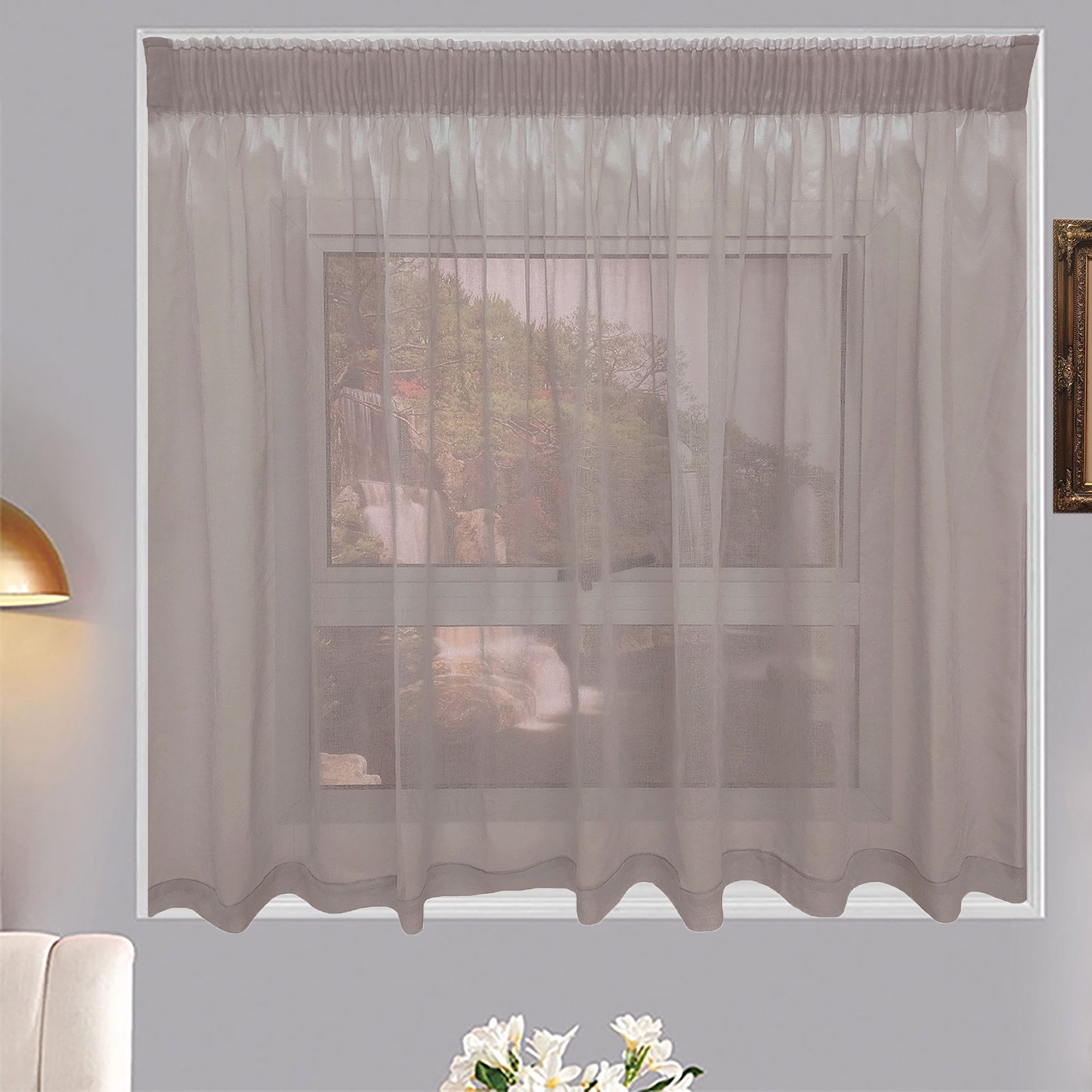 Matoc Designs Café Curtain -Mystic Voile -Cinnamon -Taped -Single Layer - 300cm W x 120cm H
