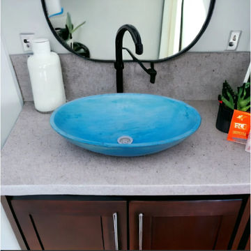 Blue Concrete Oval Basin 50x35x15cm - High Strength, Chip Resistant