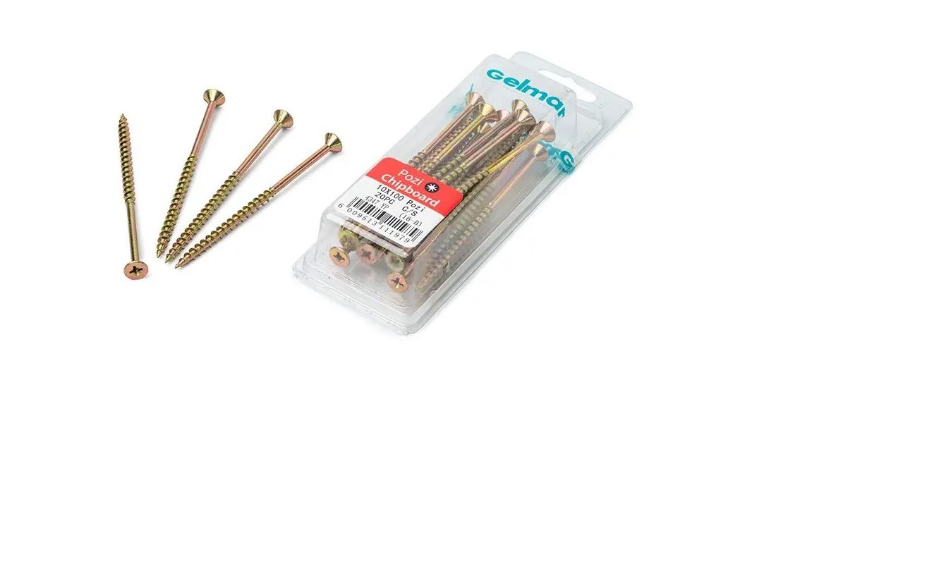 Chipboard Screws, Pozi, No.10, 5mm x 100mm, 20 Pieces (4 pack) BY WOODLY