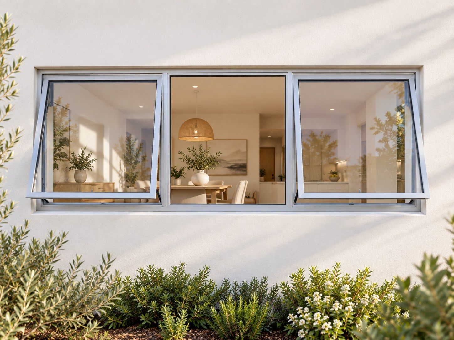 Kenzo Premium Top-Hung Aluminium Window - Silver, 1800 600 mm, Two Outer Openers with Fixed Centre, Clear Glass