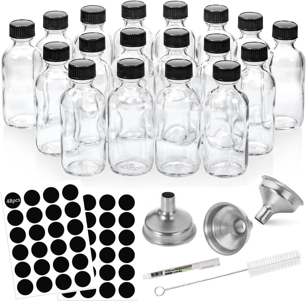 18 Pack Clear Glass Bottles Lids And Steel Funnels Boston Round Travel 60ml