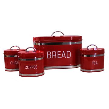 Oval 4 Piece Stainless Steel Bread Bin & Tea Coffee & Sugar Canister Set - Red