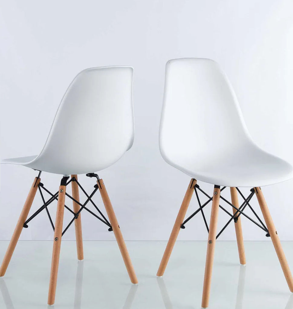 Modern Eames-Style Dining Chair – Set (2pcs) White with Wooden Legs
