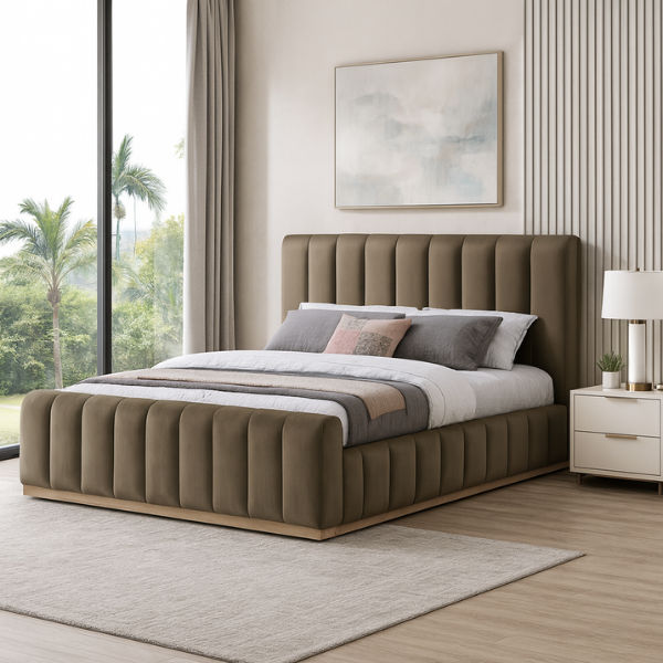 Denia Velvet Upholstered Sleigh Bed Queen Brown