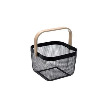 Vegetable wire basket with wooden handle - black