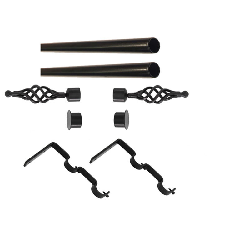 Matoc 32mm Curtain Double Metal Pole Set -Extend Brkts -BigBasket Finials -Black -1.0m