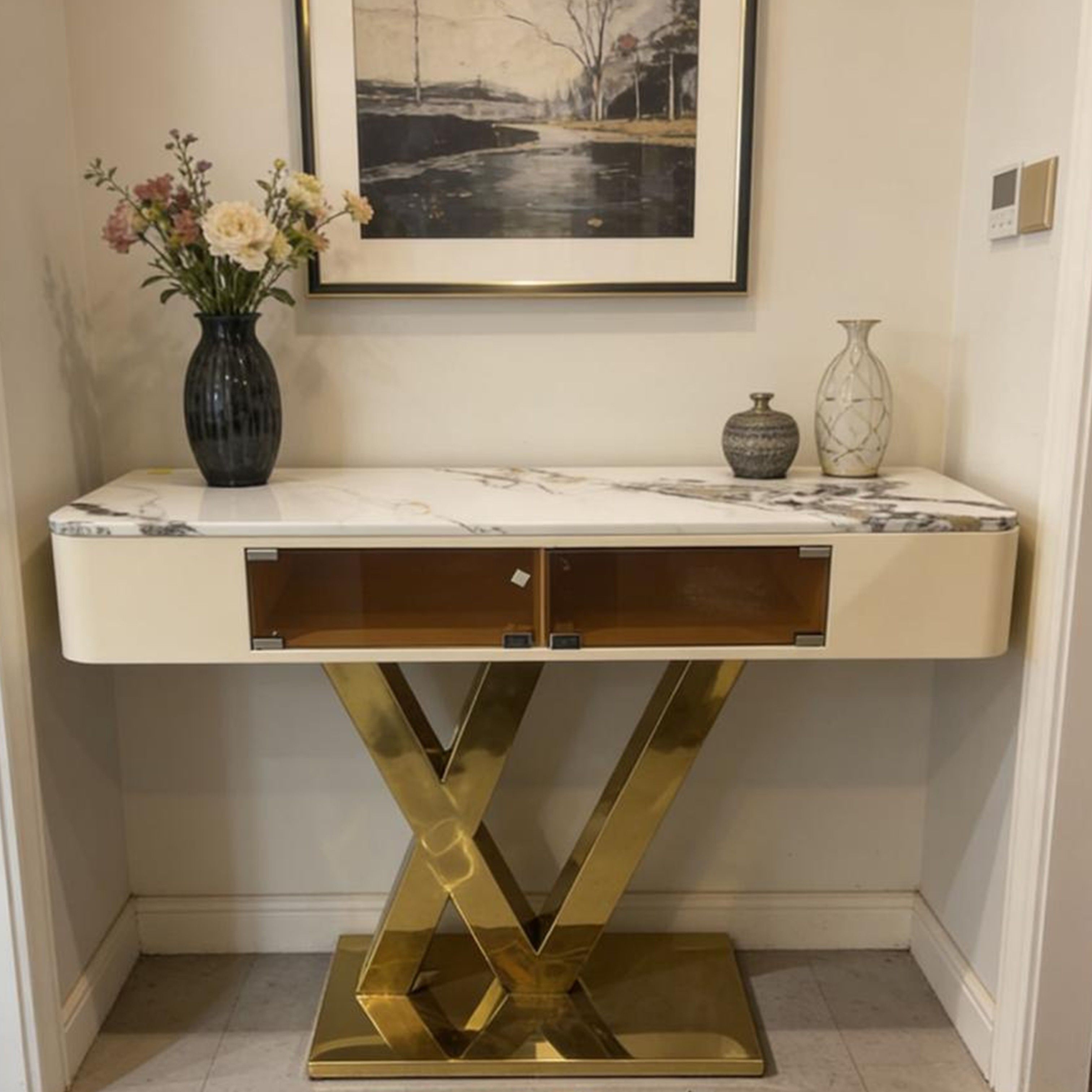 Madiega Furniture - White Marble & Gold Geometric Base Console
