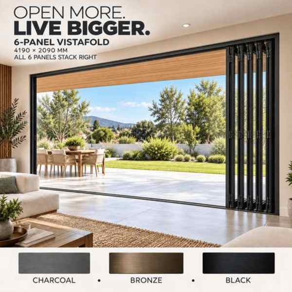 6-Panel Vistafold Aluminium Stacking Door 4190 2090 mm – Charcoal, Bronze or Black