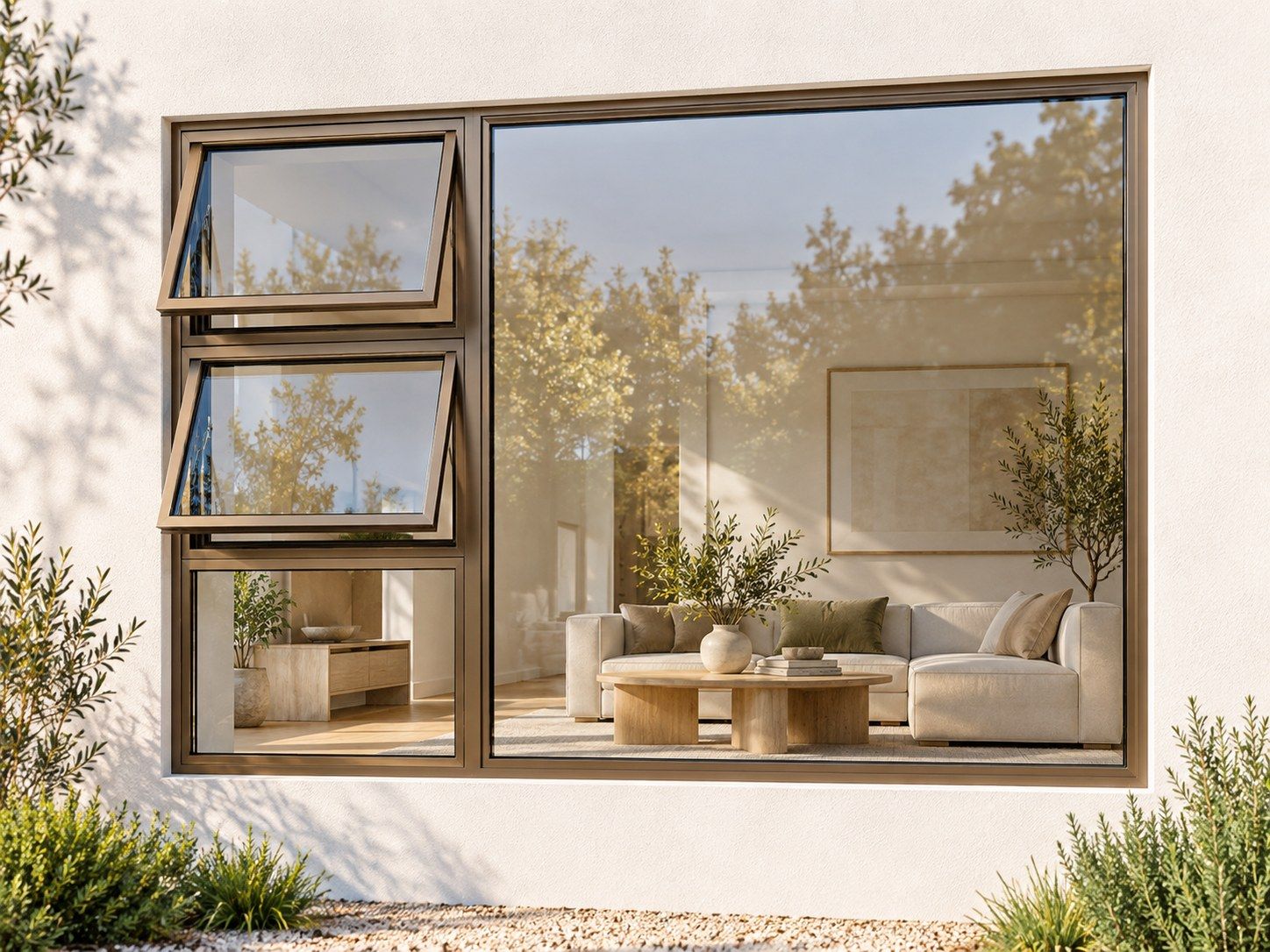Kenzo Premium Top-Hung Aluminium Window - Bronze, 2400 1800 mm, Left Two Openers with Fixed Lower and Side Panes, Clear Glass