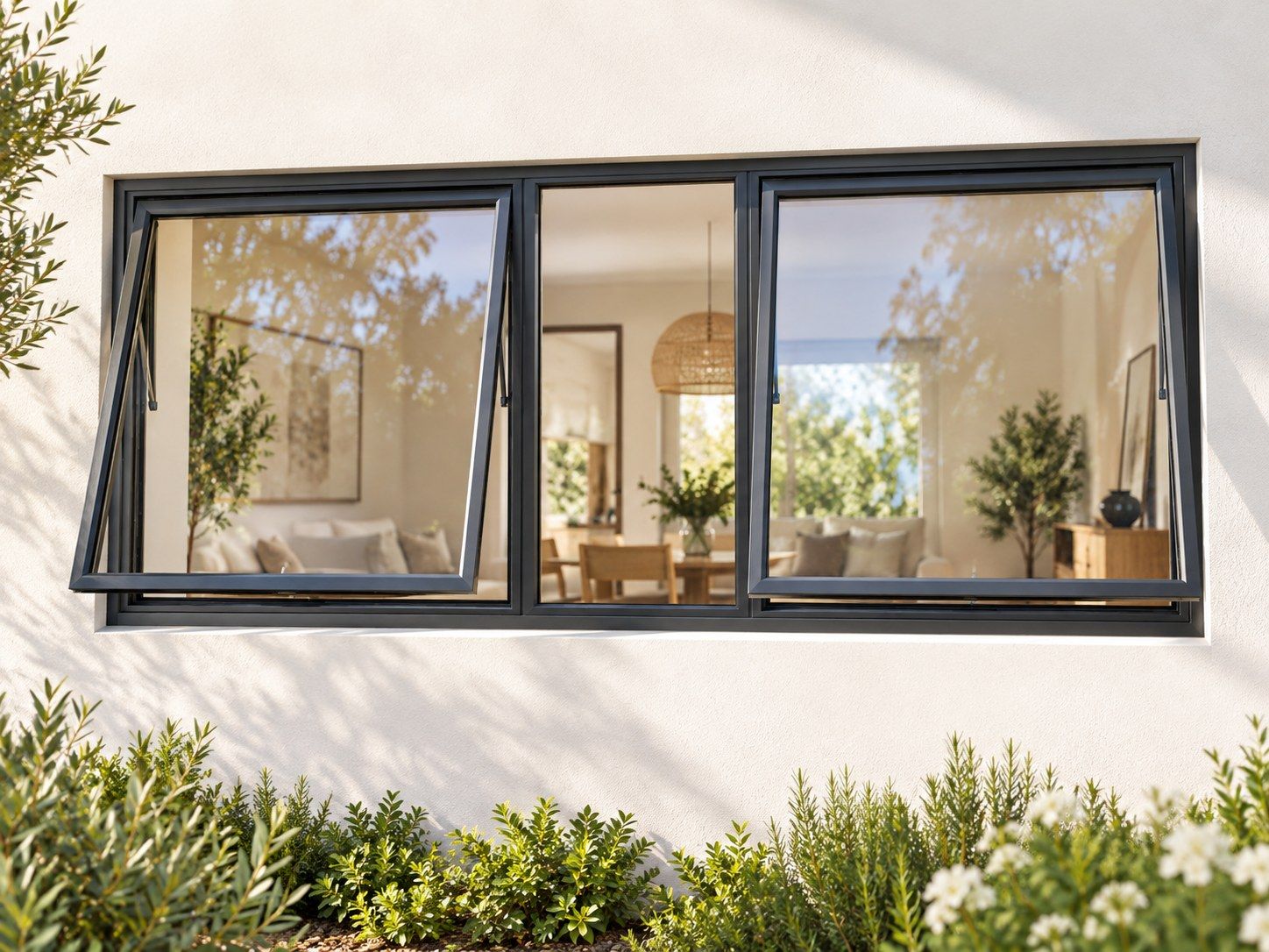 Kenzo Premium Top-Hung Aluminium Window - Charcoal, 1500 600 mm, Two Outer Openers with Fixed Centre, Clear Glass
