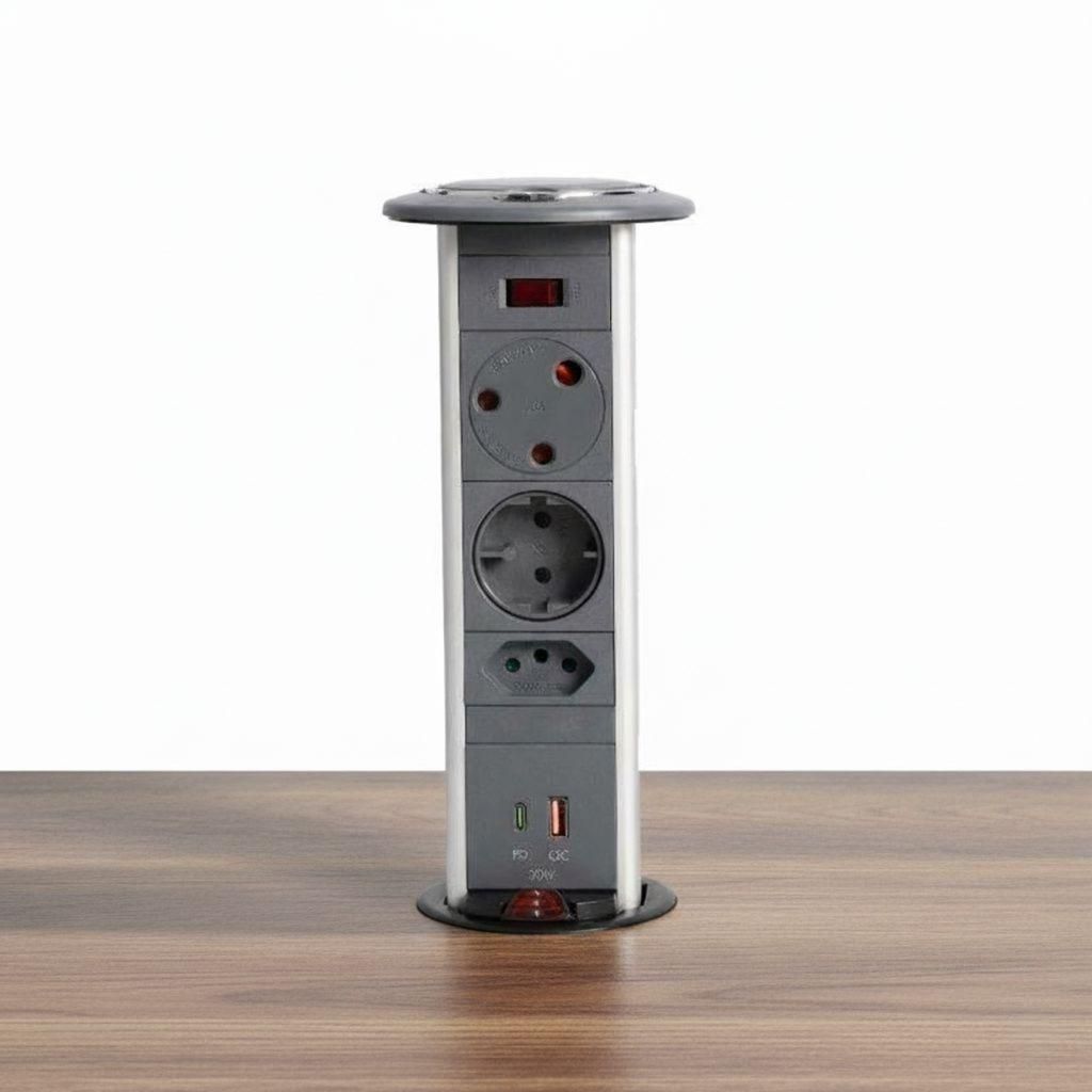 Powerlogic MK445 (Round Top) Pull up Multiplug with Fast 45W USB C Charger - Dark Grey