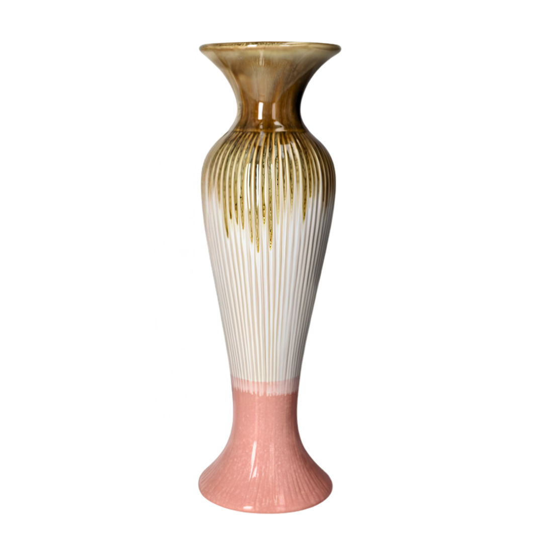 Danny Home Tall Fluted Ceramic Trumpet Flower Vase (11.2 x 11.2 x 36cm) – Olive Amber, Cream & Blush Pink
