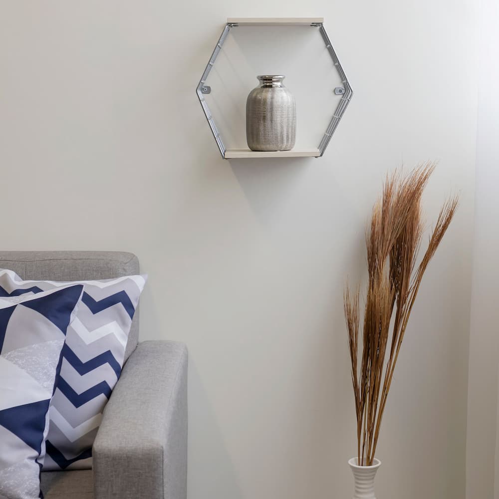 Hexa Steel Cube with Wooden Shelves Silver