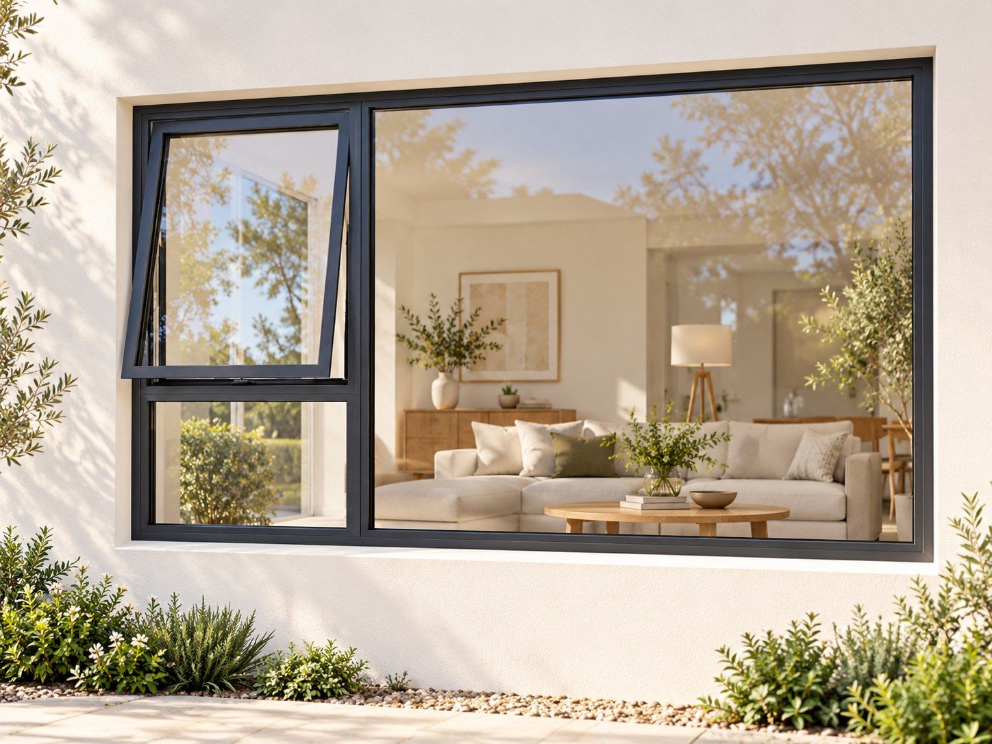 Kenzo Premium Top-Hung Aluminium Window - Charcoal, 2100 900 mm, Left Upper Opener with Fixed Lower and Side Panes, Clear Glass