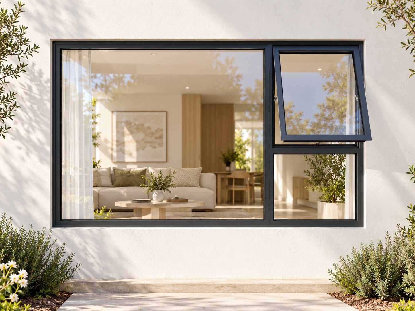 Kenzo Premium Top-Hung Aluminium Window - Charcoal, 2100 900 mm, Right Upper Opener with Fixed Lower and Side Panes, Clear Glass