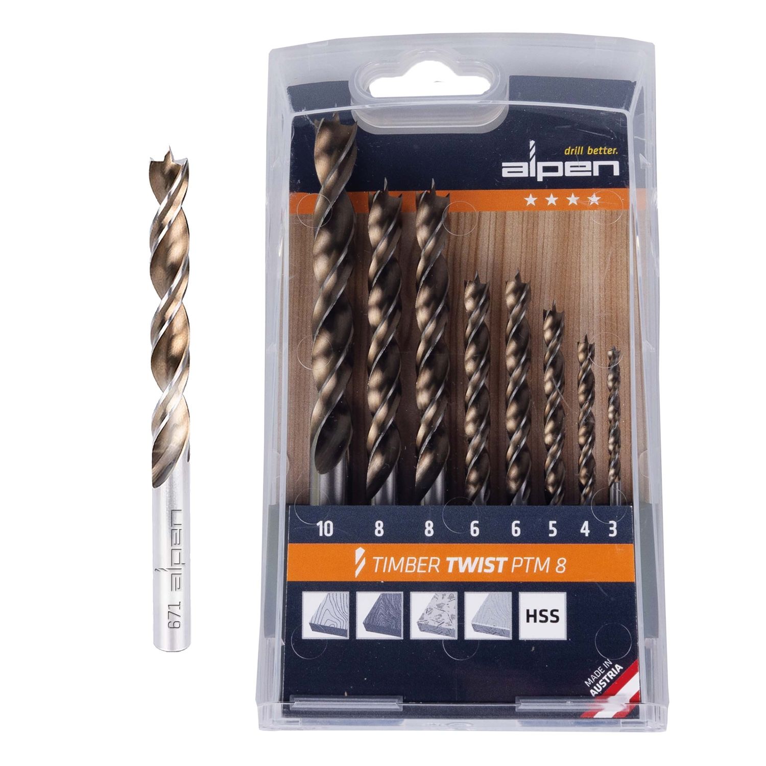 Timber Twist Drill Bit Set Ptm8-8 3, 4, 5, 10.0Mm, X2 6, 8.0Mm
