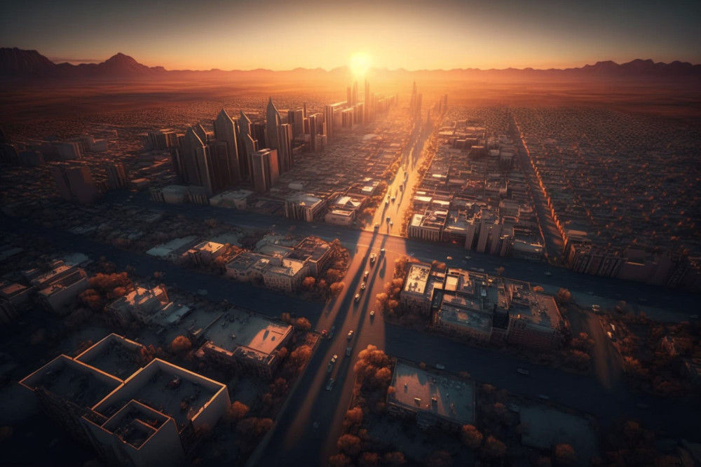 Canvas Wall Art - Ariel Sunset City View - B1459 - [120 x 80 cm]