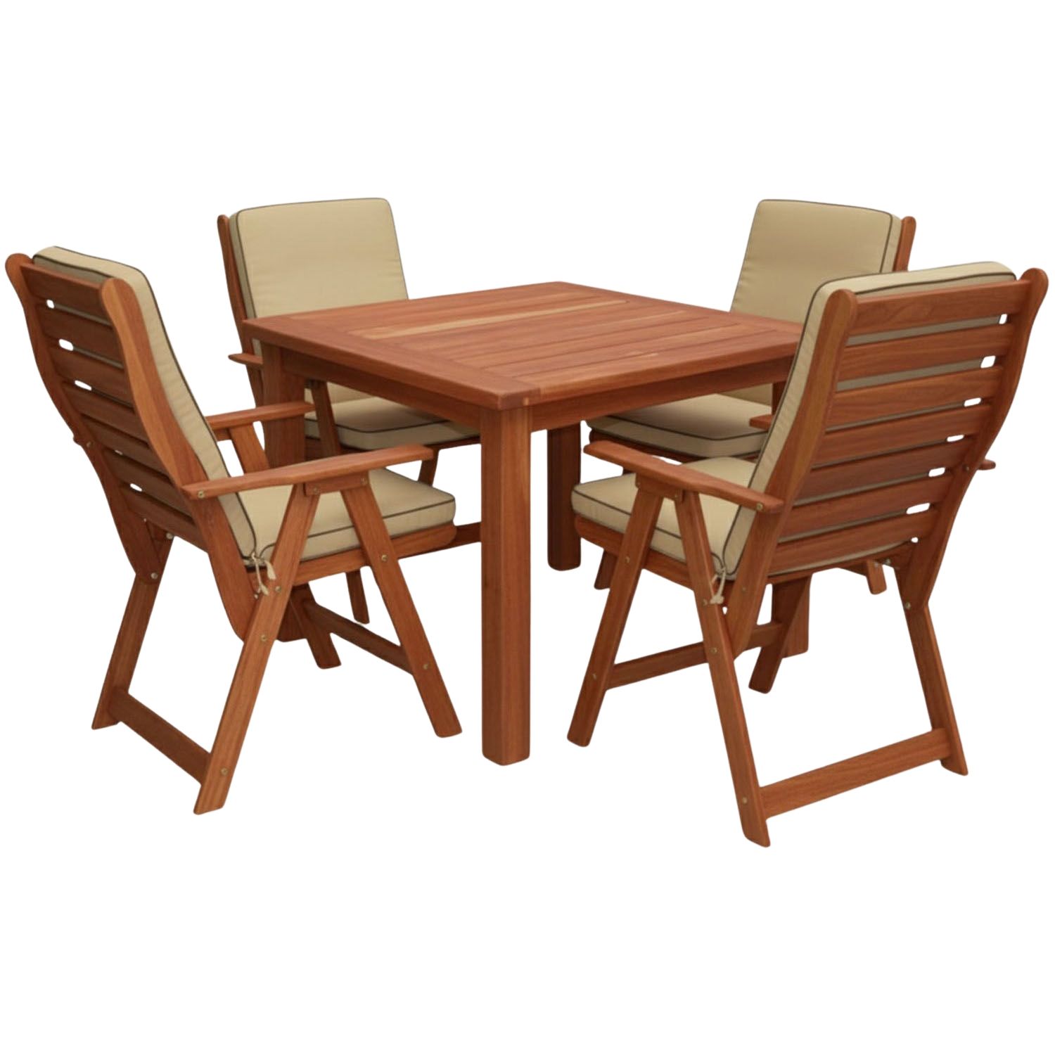 Zambezi Teak Patio Dining Set 4-Seater 1100mm x1 Table x4 Highback Chairs (Beige Cushions)