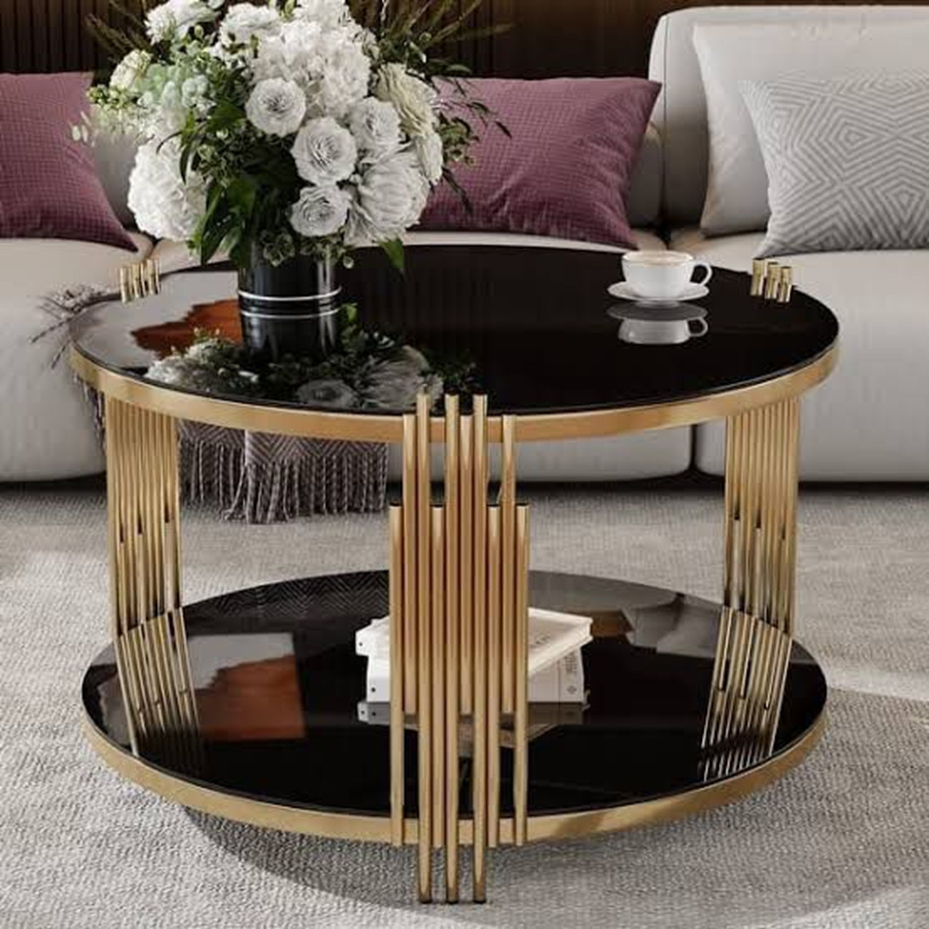 Madiega Furniture - Round Gold-Accented Double-Glass Coffee Table