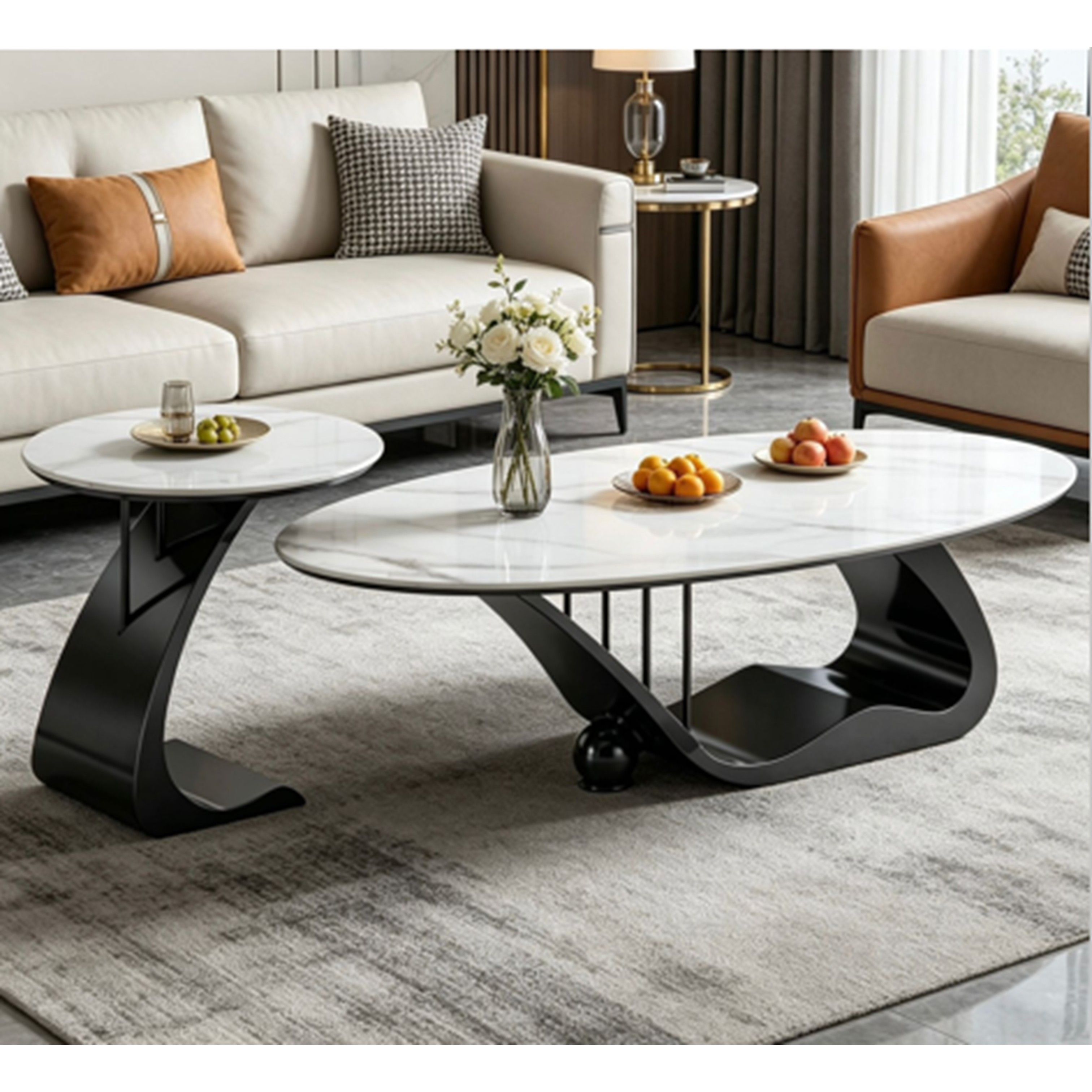 Madiega Furniture - 2-Piece Oval & Circular Coffee Tables with Marble Top and Black Sculptural Base
