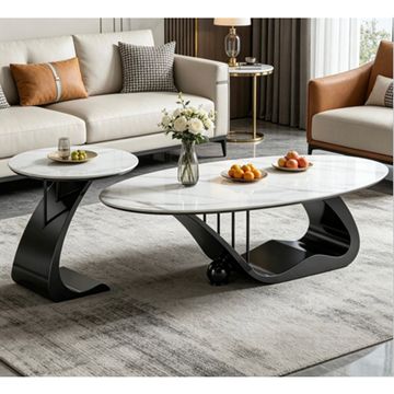 Madiega Furniture - 2-Piece Oval & Circular Coffee Tables with Marble Top and Black Sculptural Base