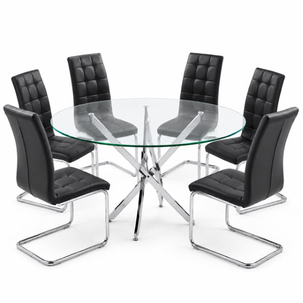 Ziyane Vogue 140cm Clear Glass Round Dining Table &6 Cantilever Chairs Set-Black
