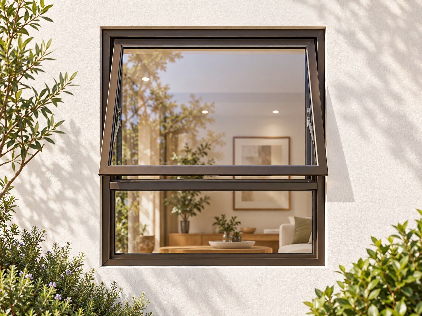 Kenzo Premium Top-Hung Aluminium Window - Bronze, 900 900 mm, Upper Opener with Fixed Lower Pane, Clear Glass