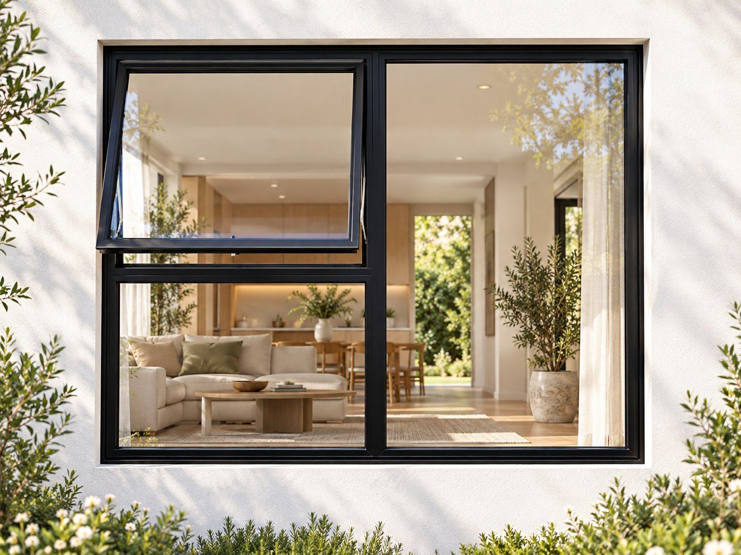 Kenzo Premium Top-Hung Aluminium Window - Black, 1200 900 mm, Left Upper Opener with Fixed Lower and Side Panes, Clear Glass