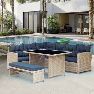 Bahamas Corner Lounge Patio Set - Brown with Black Cushions
