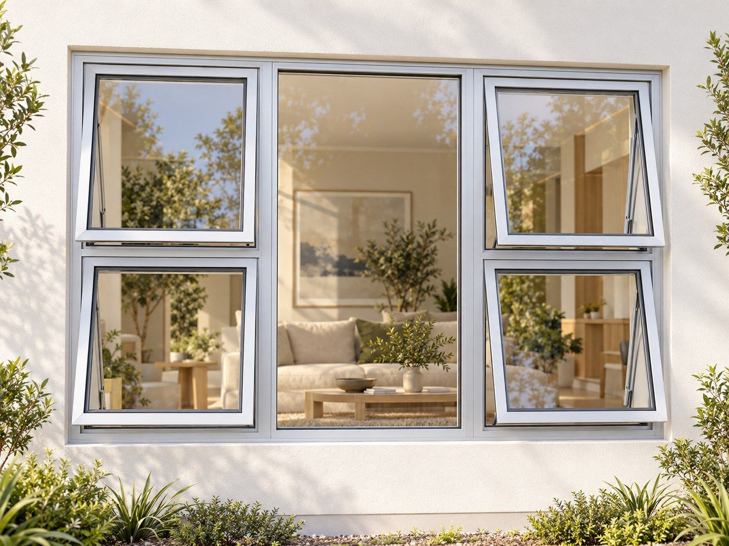 Kenzo Premium Top-Hung Aluminium Window - Silver, 1500 1200 mm, Four Openers with Fixed Centre, Clear Glass