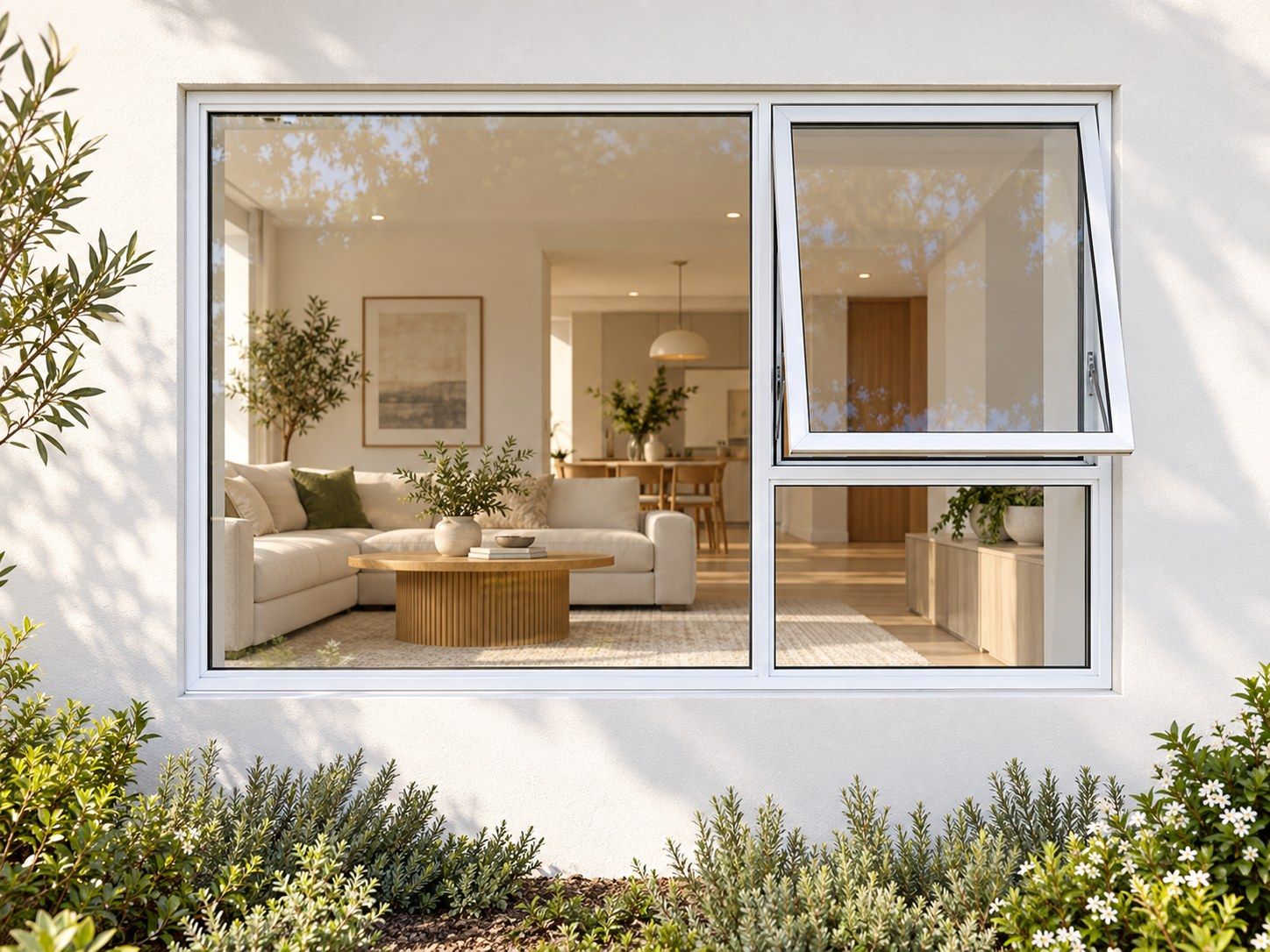 Kenzo Premium Top-Hung Aluminium Window - White, 1800 900 mm, Right Upper Opener with Fixed Lower and Side Panes, Clear Glass