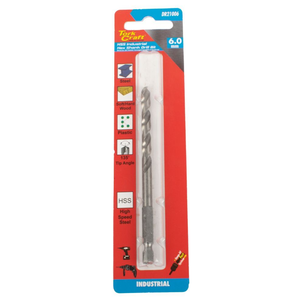 Tork Craft - Drill Bit Hss Industrial 6.0mm 135Deg Hex Shank - 2 Pack